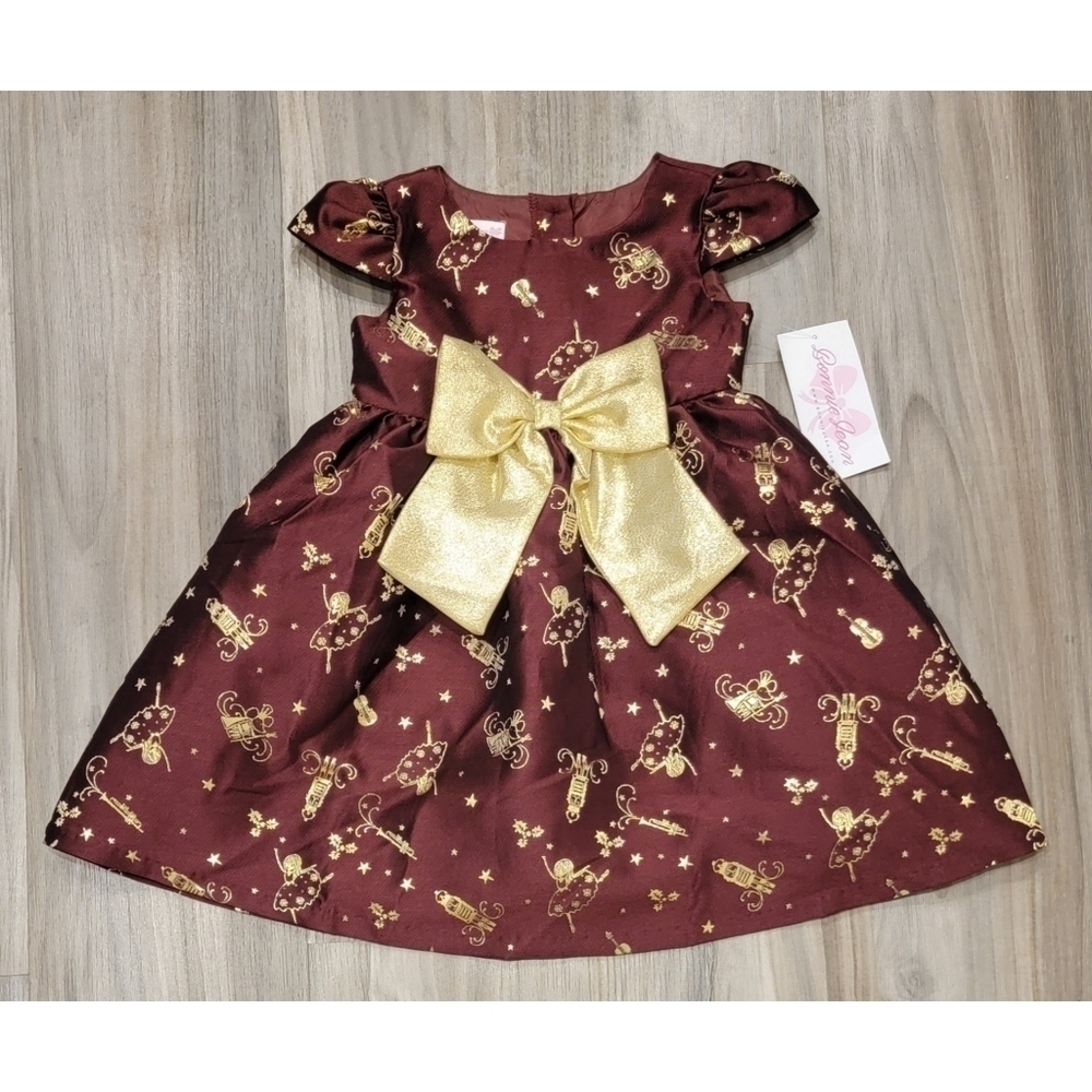 NWT Bonnie Jean Burgundy & Gold Dress size 3T with gold accent bow